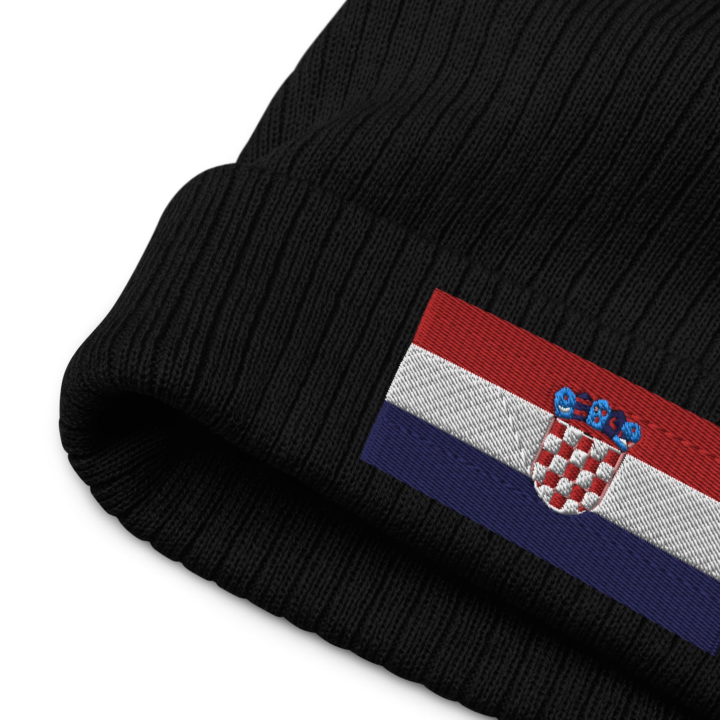 Black Premium Quality Croatia Beanie / Ribbed Knit Beanie With Embroidered Flag From Croatia / 8 colors / Recycled Polyester