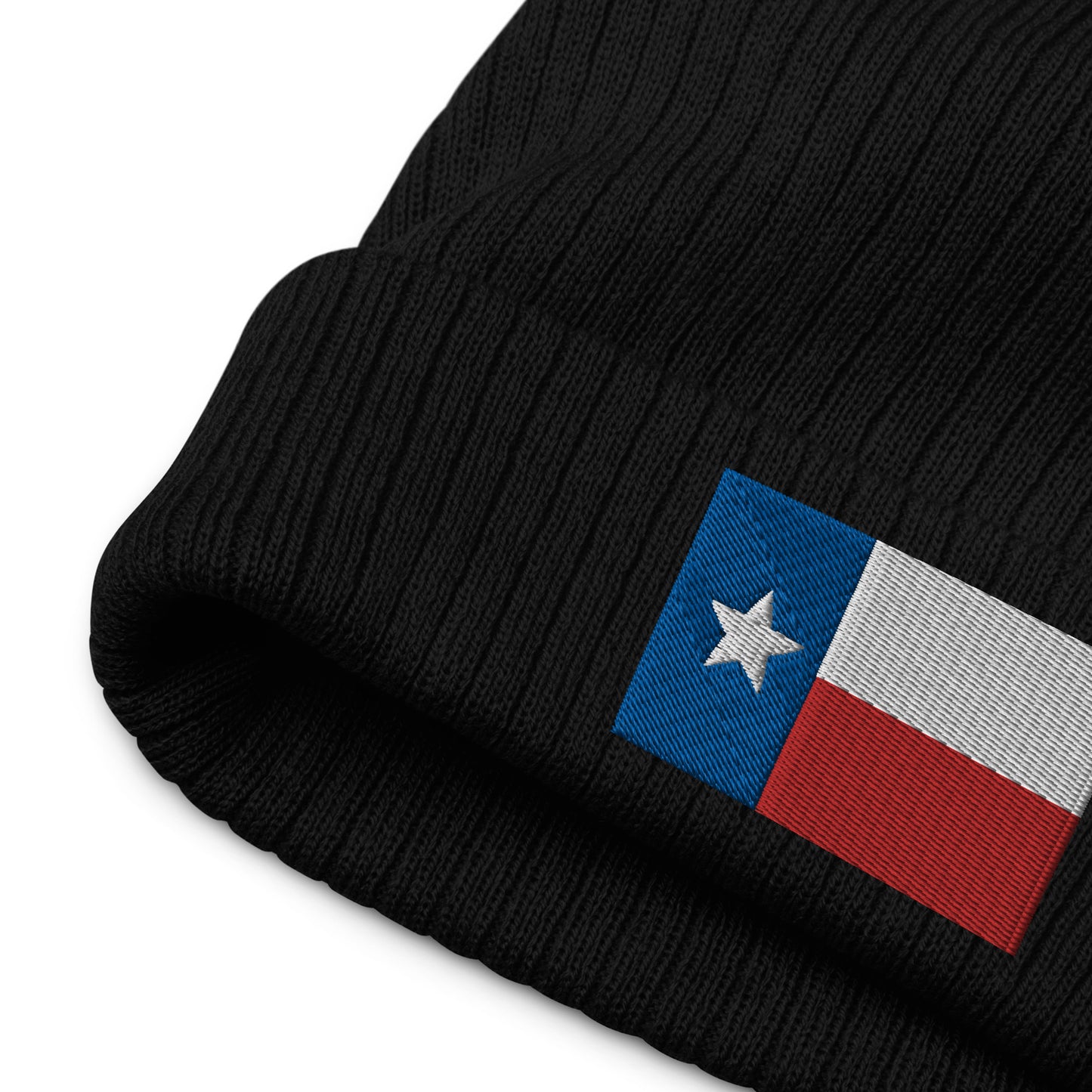 black Texas Beanie With Embroidered Flag / 8 Colors / Recycled Polyester Fabric