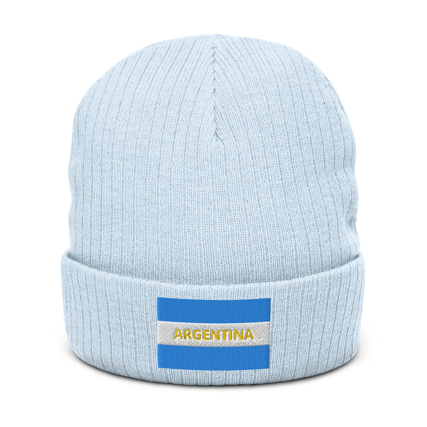 light blue Ribbed Knit Embroidered Argentina Beanie  Recycled Polyester