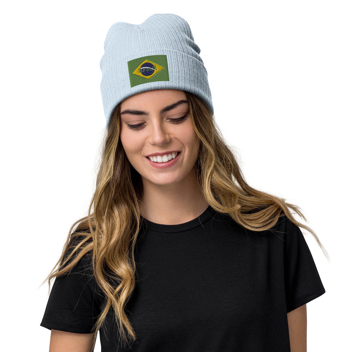 light blue color Brazil Beanie Hat Premium Quality / Embroidered Flag Of Brazil / 8 Colors / Recycled Polyester Clothing