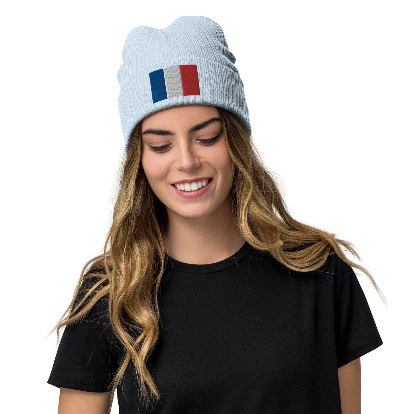 light blue France Beanie With Embroidered Flag