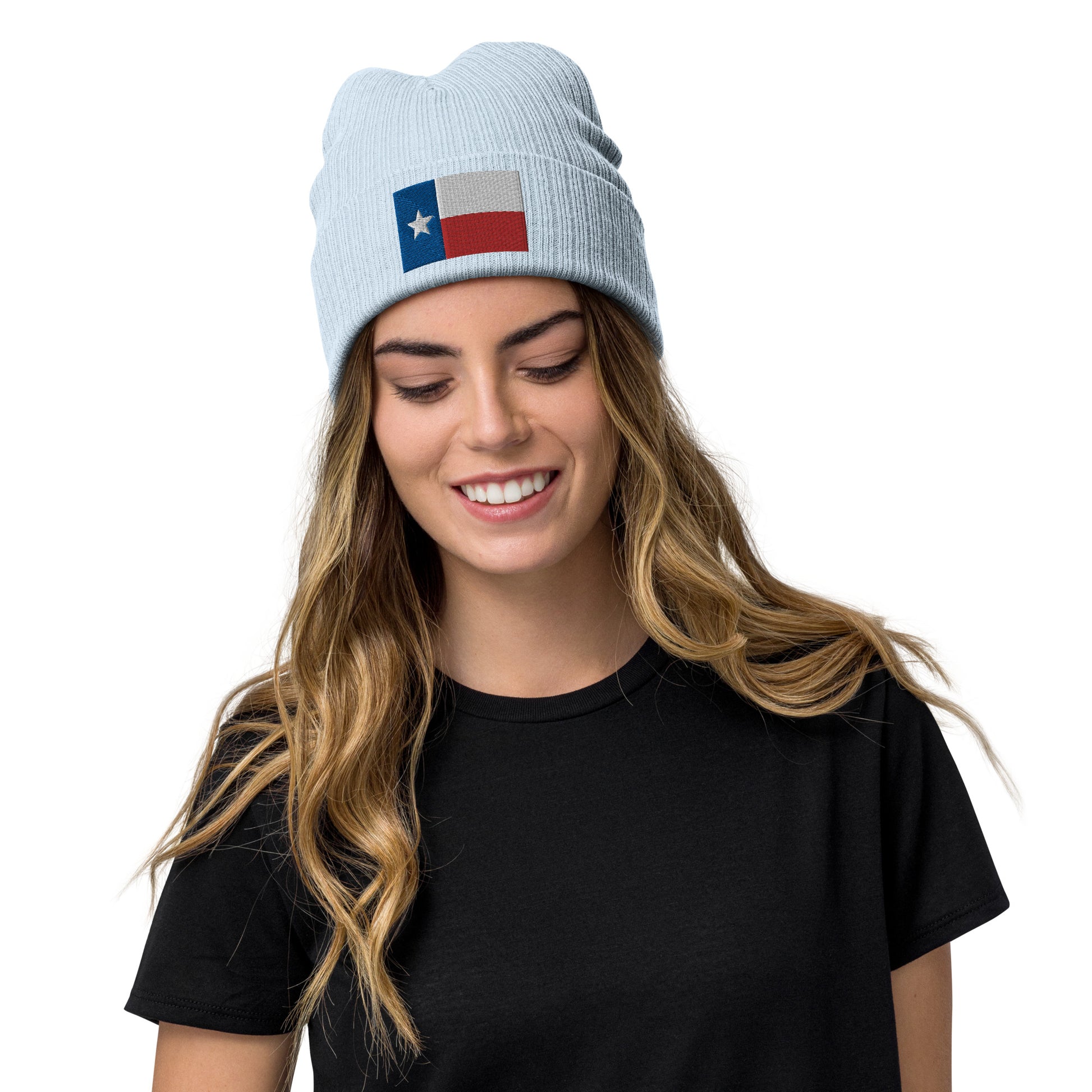 light blue Texas Beanie With Embroidered Flag / 8 Colors / Recycled Polyester Fabric