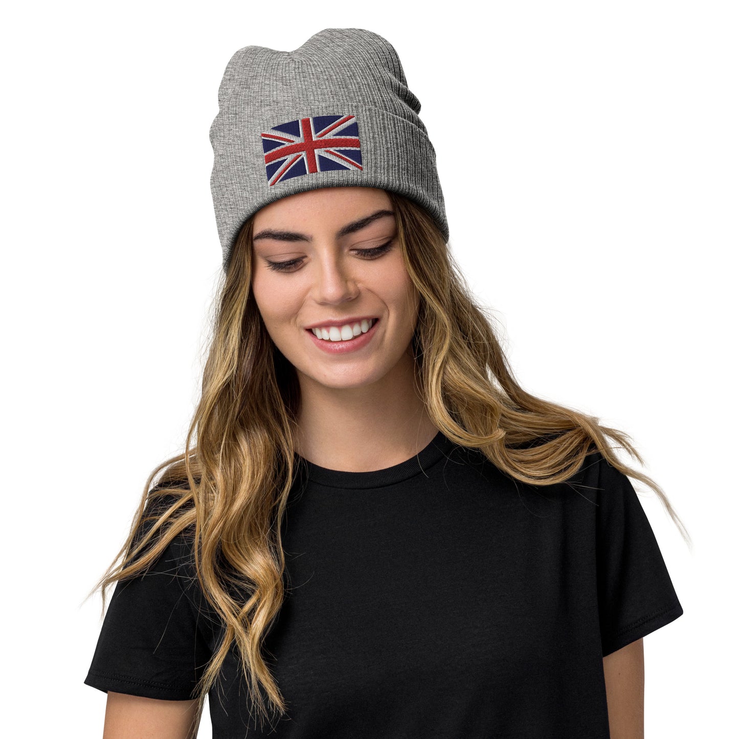 Grey Ribbed Knit Embroidered UK Flag Beanie