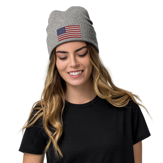 Gerippte Strickmütze mit bestickter USA-Flagge / Premium-Mütze in 8 Farben erhältlich / recyceltes Polyester