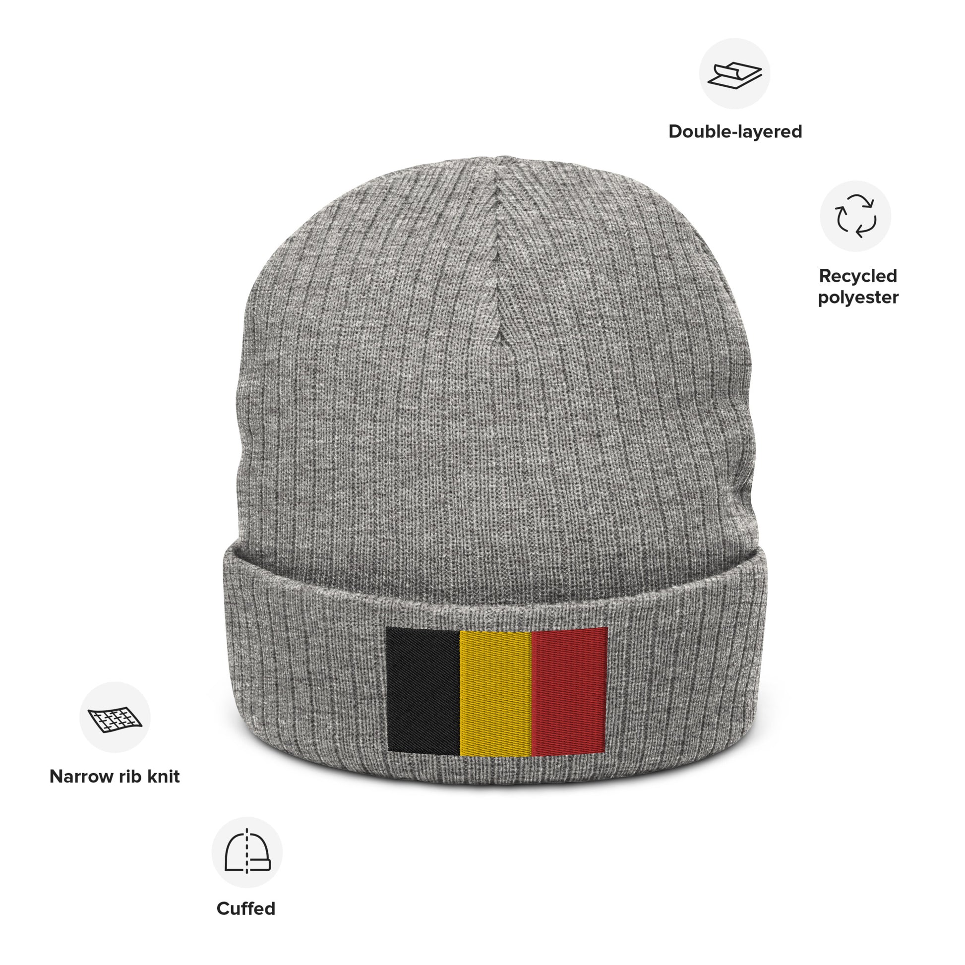Grey Ribbed Knit Embroidered Belgium Flag Beanie / Premium Beanie Available In 8 Colours / Recycled Polyester