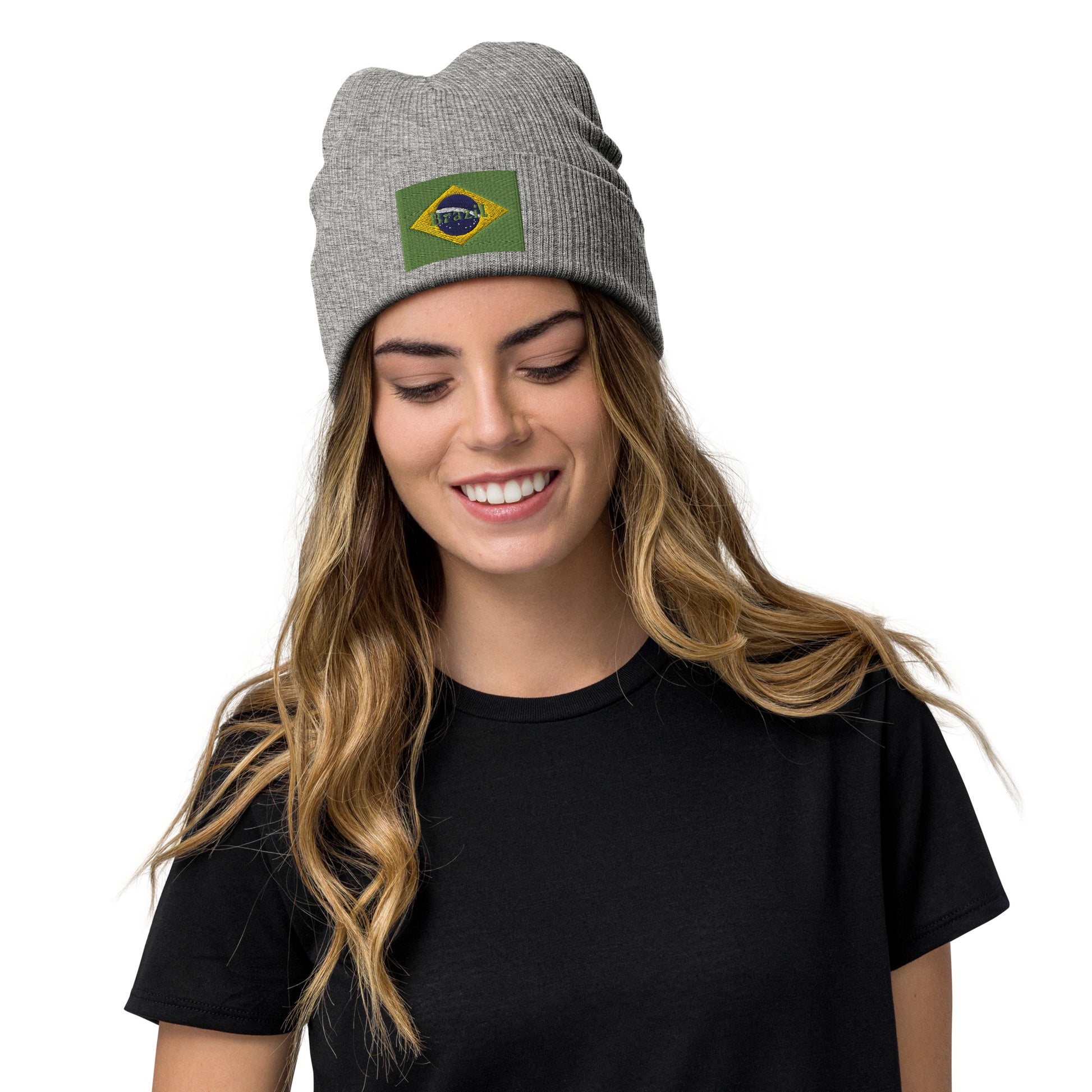 grey color Brazil Beanie Hat Premium Quality / Embroidered Flag Of Brazil / 8 Colors / Recycled Polyester Clothing