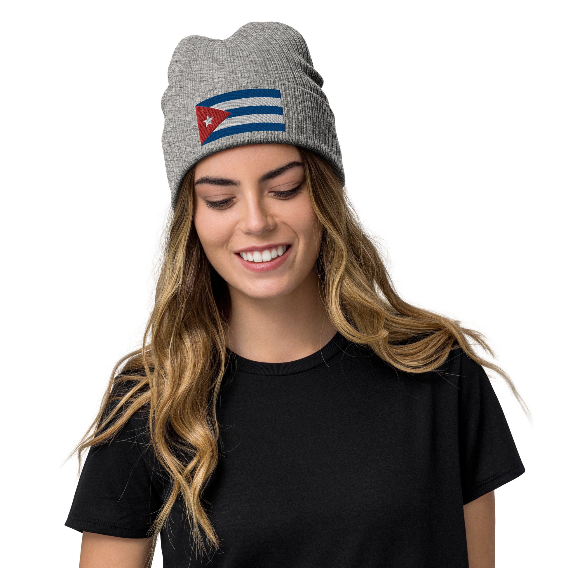 grey Cuban Clothing Style With Cuba Ribbed Knit Beanie / Premium Quality With Embroidered Cuba Flag / 8 Colors / Recycled Polyester
