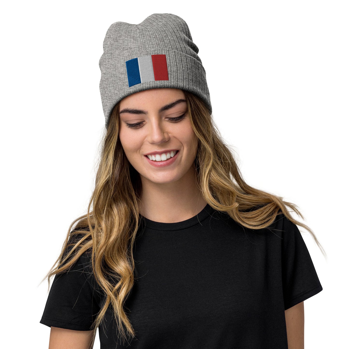 grey France Beanie With Embroidered Flag