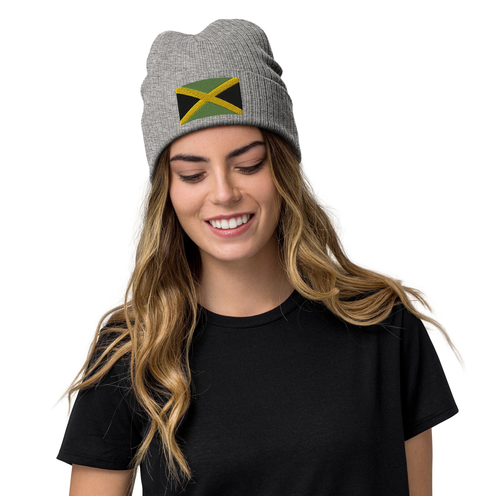 grey Jamaican Beanie Hat / Ribbed Knit Hat With Embroidered Jamaica Flag / 8 Colors Available / Recycled Polyester