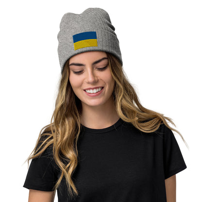 grey Ukraine Beanie / Ukraine Hat With Embroidered Flag / Quality Beanie / Recycled Polyester Ukraine Clothing