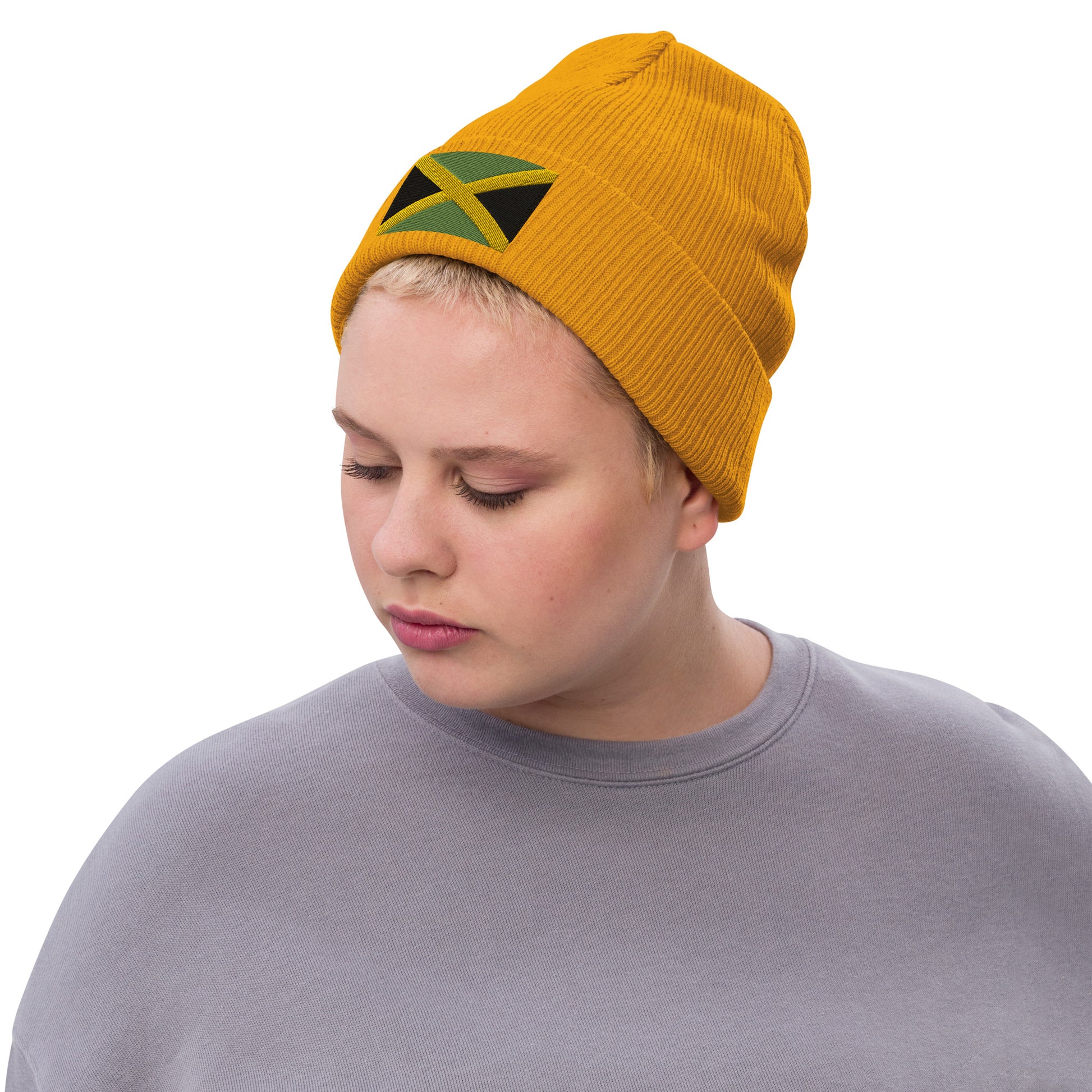 yellow Jamaican Beanie Hat / Ribbed Knit Hat With Embroidered Jamaica Flag / 8 Colors Available / Recycled Polyester