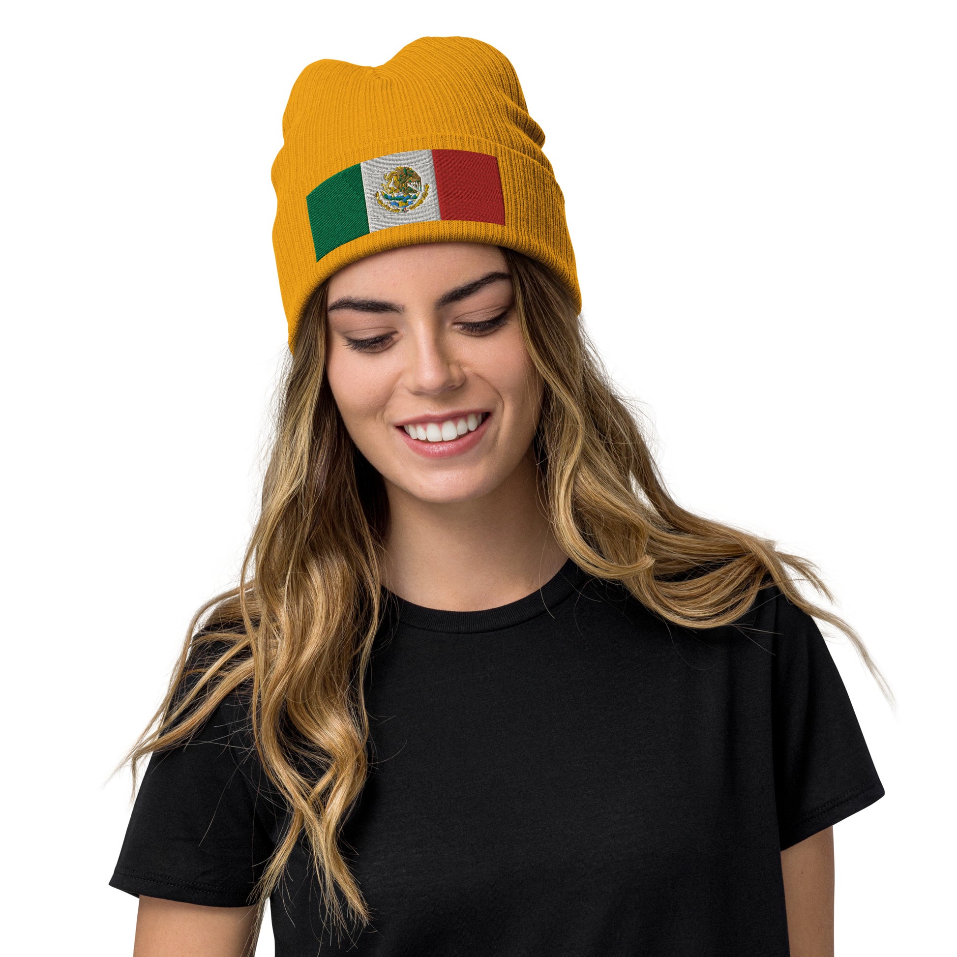 yellow Mexico Beanie Hat With Embroidered Mexican Flag / Recycled Polyester / 8 Colors