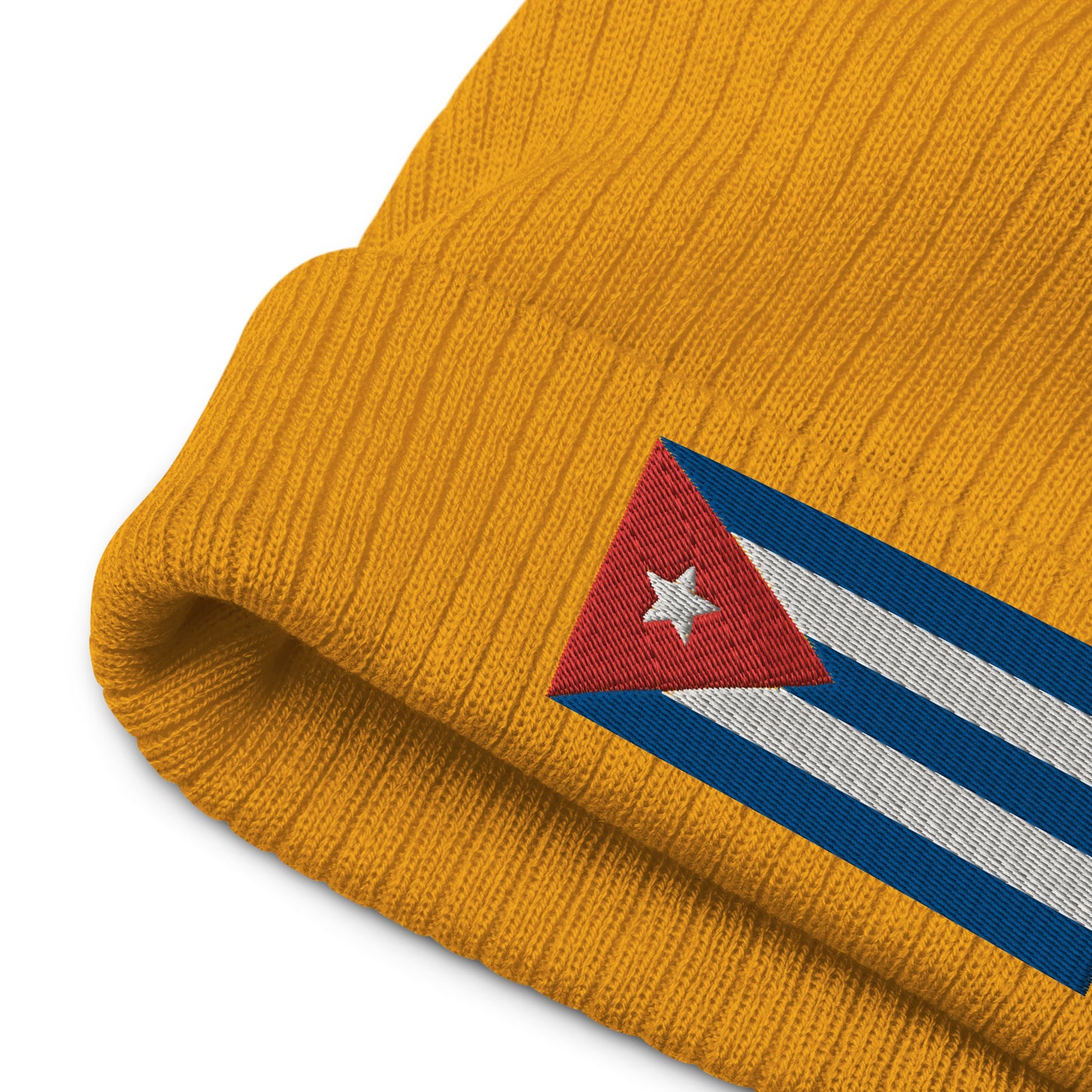 yellow Cuban Clothing Style With Cuba Ribbed Knit Beanie / Premium Quality With Embroidered Cuba Flag / 8 Colors / Recycled Polyester