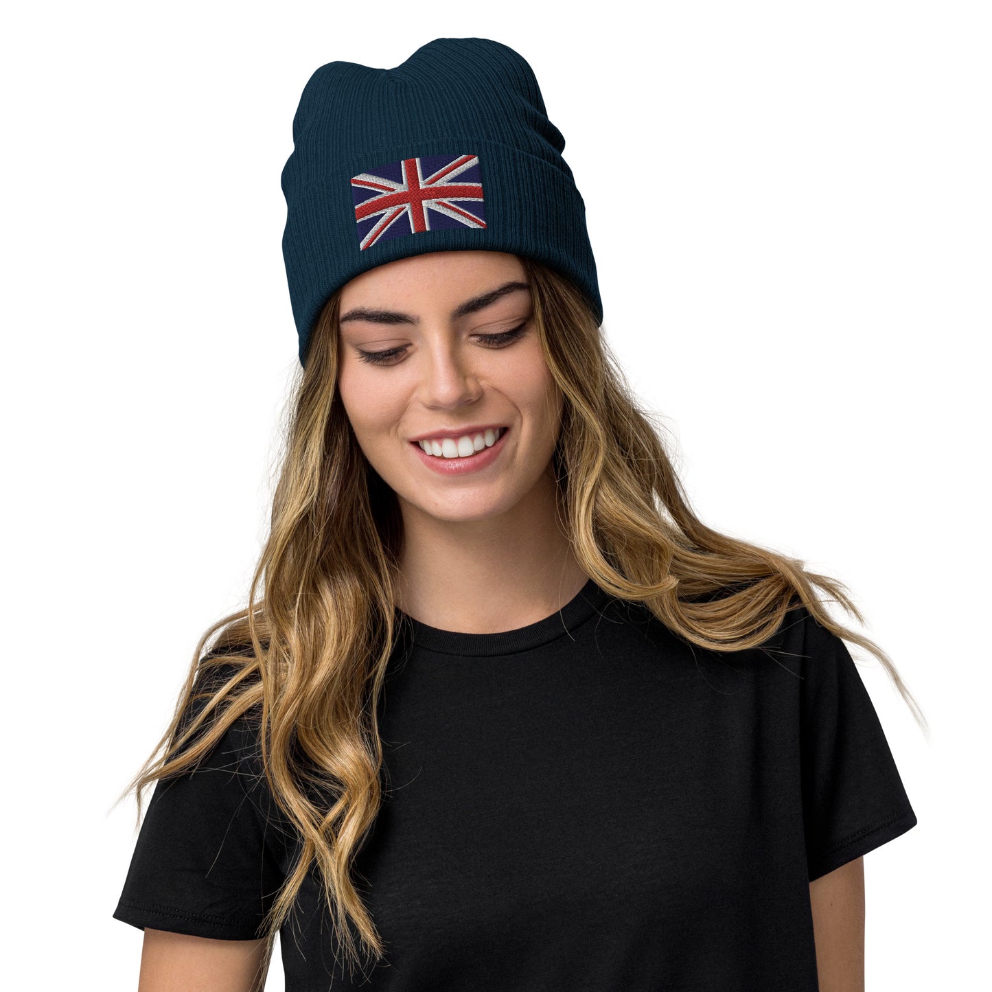 Blue Ribbed Knit Embroidered UK Flag Beanie