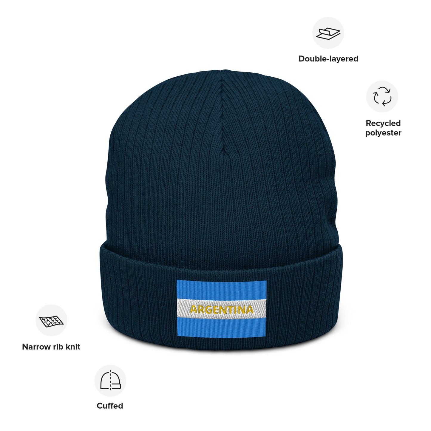 Ribbed Knit Embroidered Argentina Beanie  Recycled Polyester Blue color