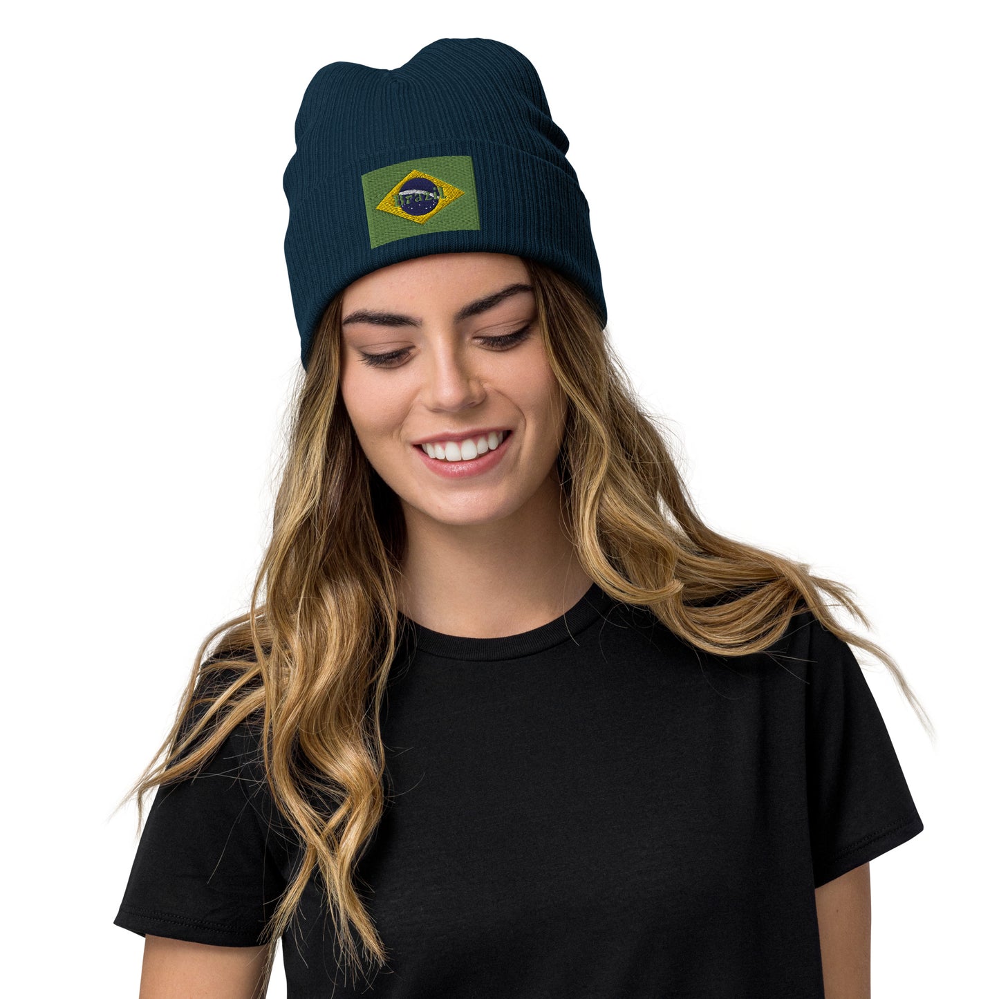 blue color Brazil Beanie Hat Premium Quality / Embroidered Flag Of Brazil / 8 Colors / Recycled Polyester Clothing