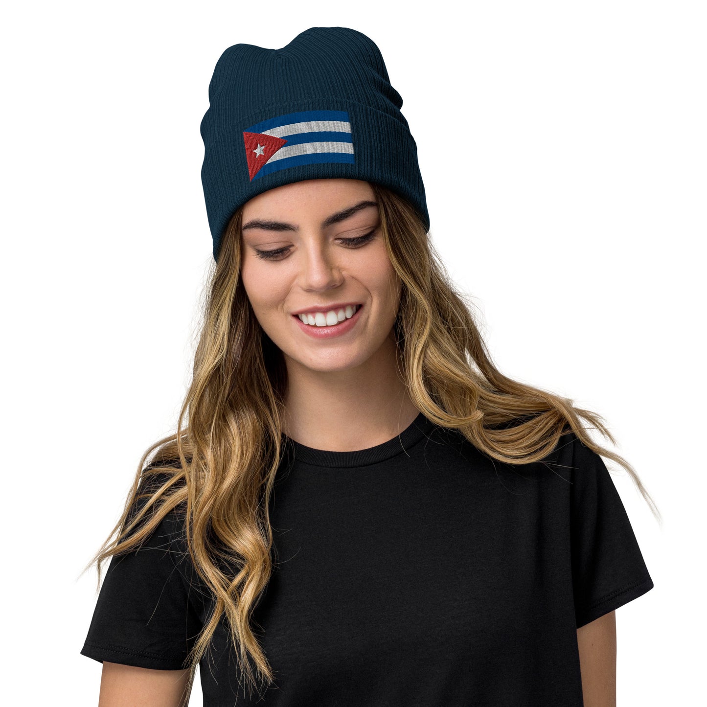 Navy Cuban Clothing Style With Cuba Ribbed Knit Beanie / Premium Quality With Embroidered Cuba Flag / Recycled Polyester