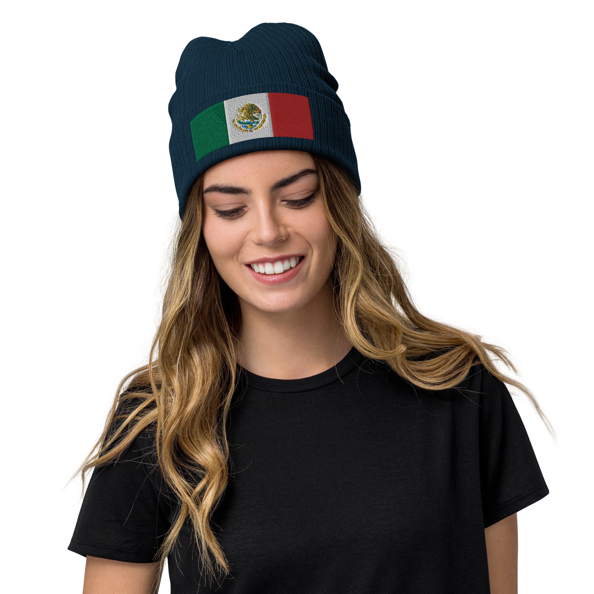blue Mexico Beanie Hat With Embroidered Mexican Flag / Recycled Polyester / 8 Colors