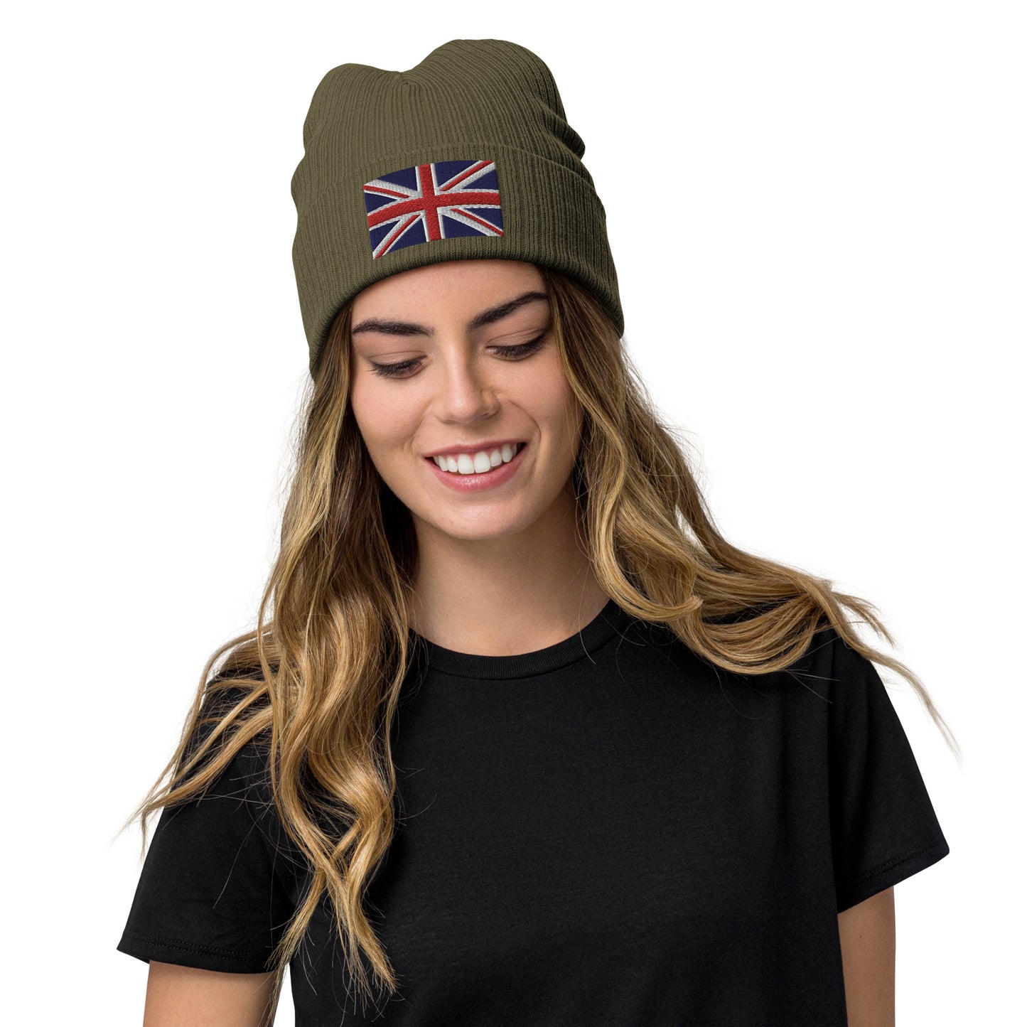 Olive color Ribbed Knit Embroidered UK Flag Beanie