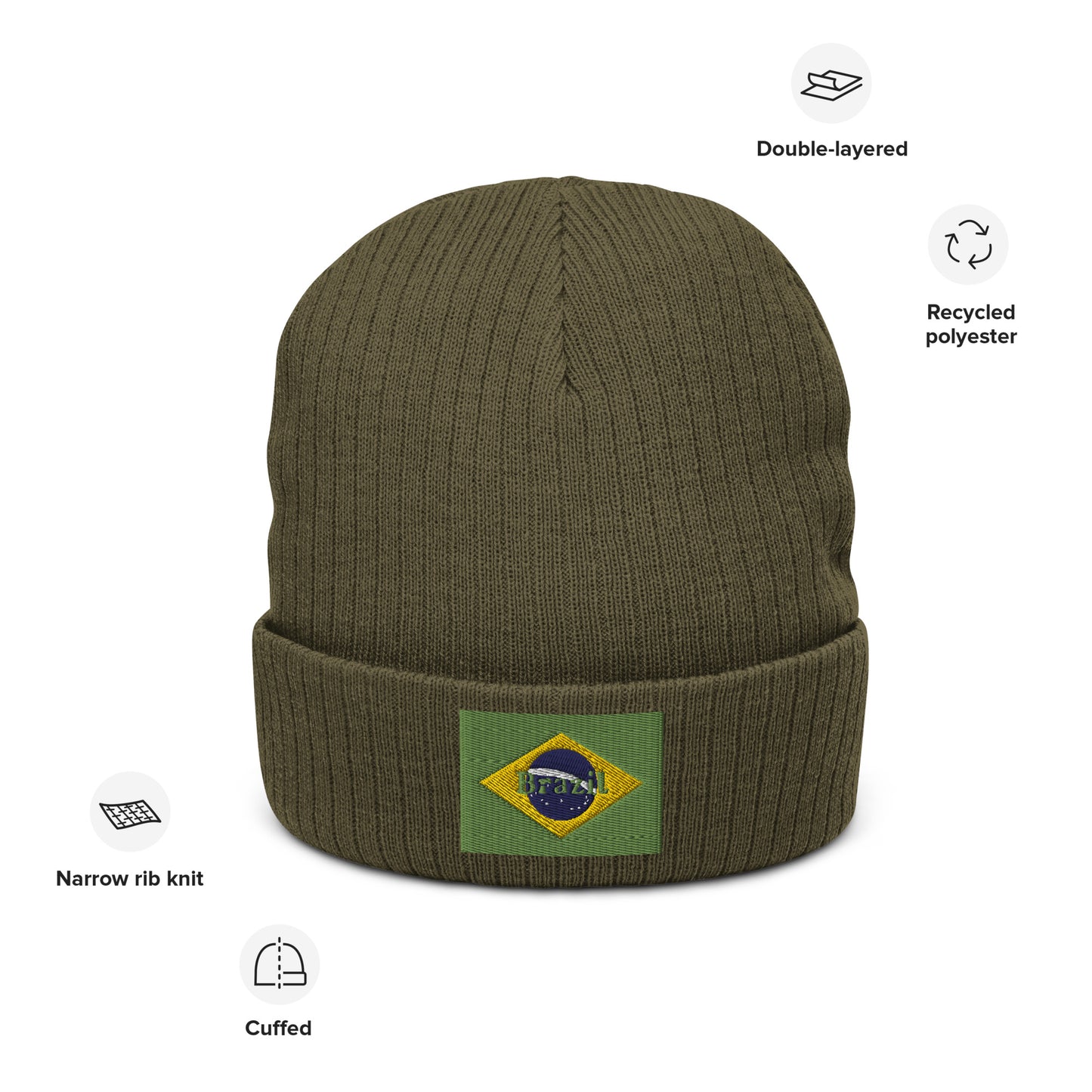Brazil Beanie Hat Premium Quality / Embroidered Flag Of Brazil / 8 Colors / Recycled Polyester Clothing