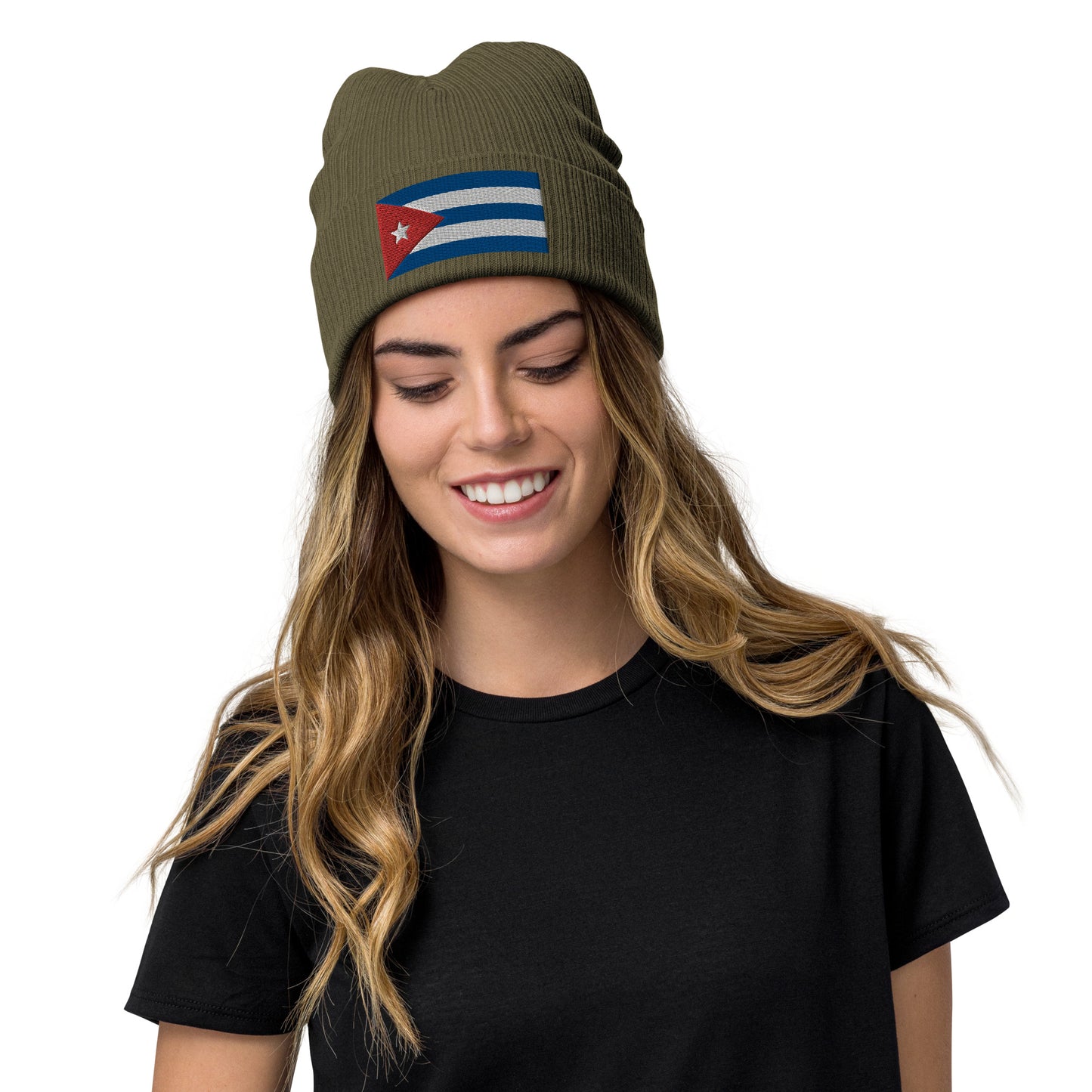 Olive Cuban Clothing Style With Cuba Ribbed Knit Beanie / Premium Quality With Embroidered Cuba Flag /  Recycled Polyester