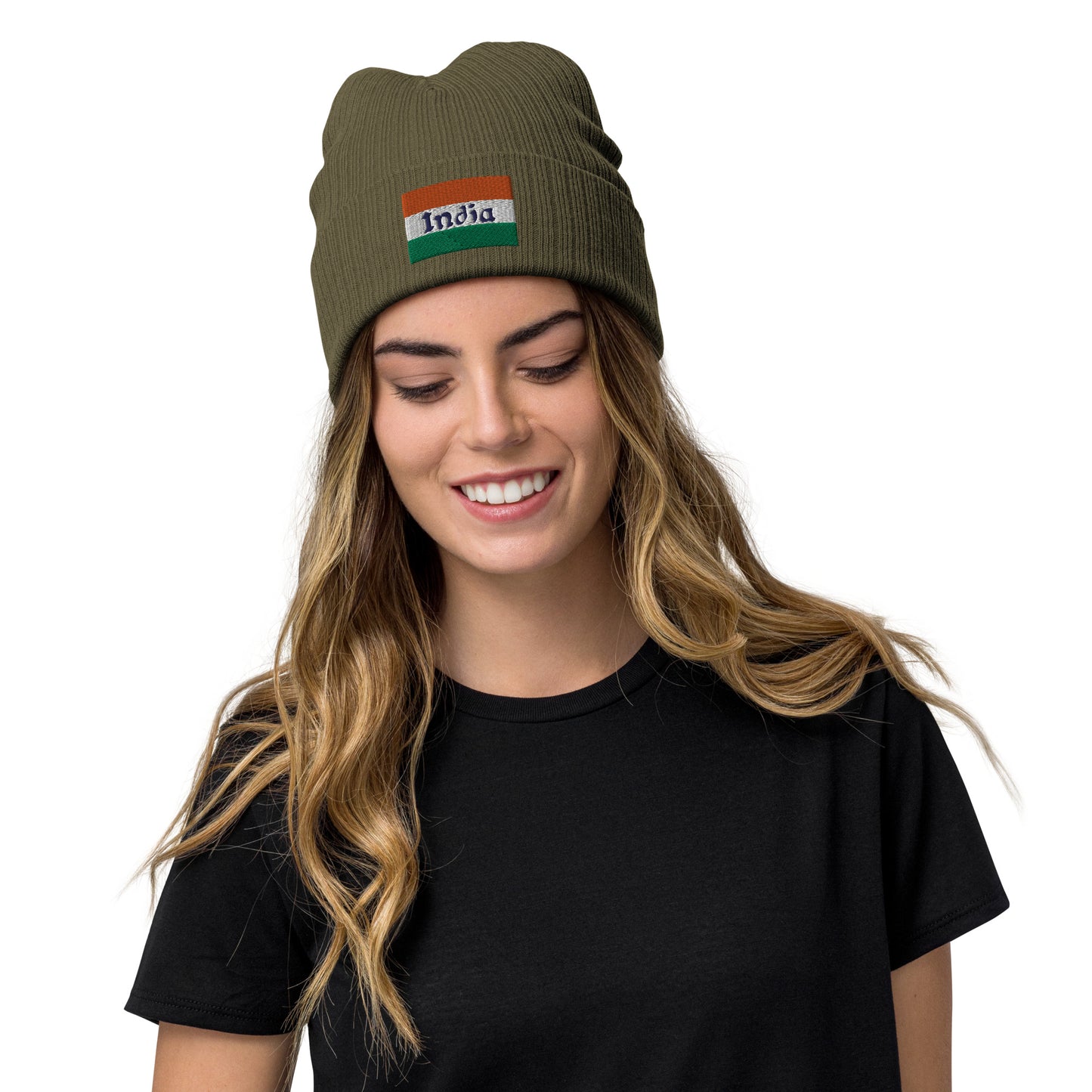 olive India Beanie With Embroidered Flag / Premium Embroidered Clothes / Available In 8 Colours / Recycled Polyester
