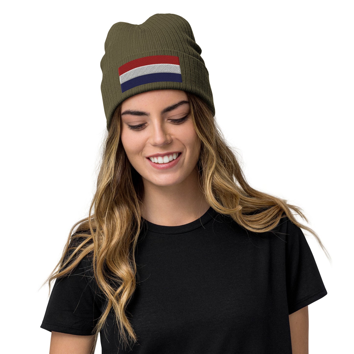 olive Colours Of The Netherlands Flag Beanie / Premium Quality Beanie With Embroidered Flag Of The Netherlands