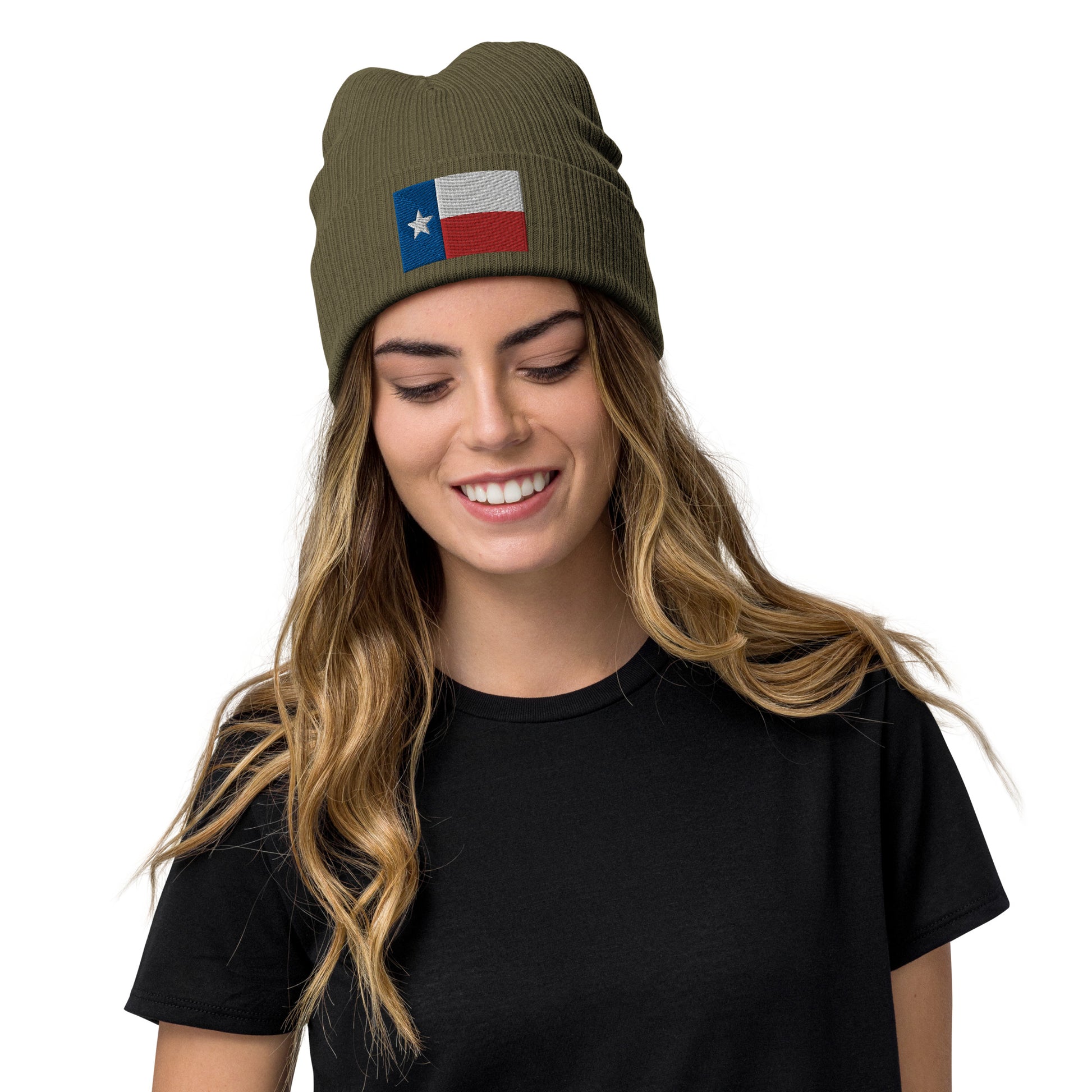 olive Texas Beanie With Embroidered Flag / 8 Colors / Recycled Polyester Fabric