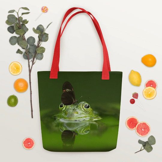 Frog Print Tote Bag / Green Bag With Amphibian Print