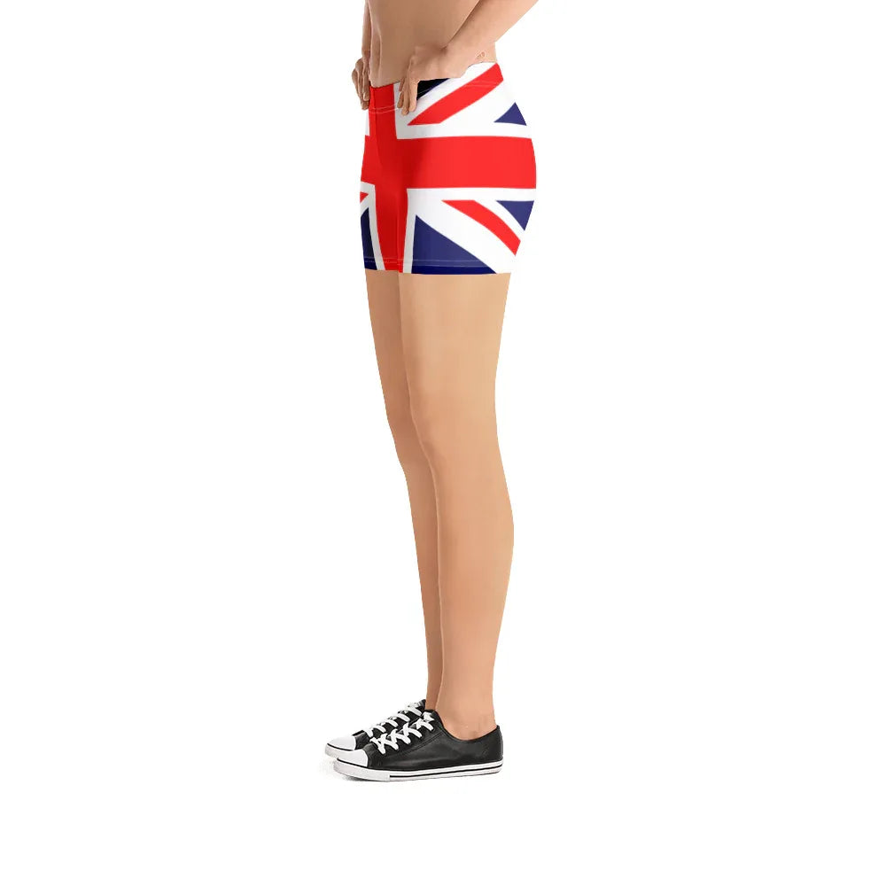 Union Jack athletic shorts for women, ideal for fitness, workouts and casual wear