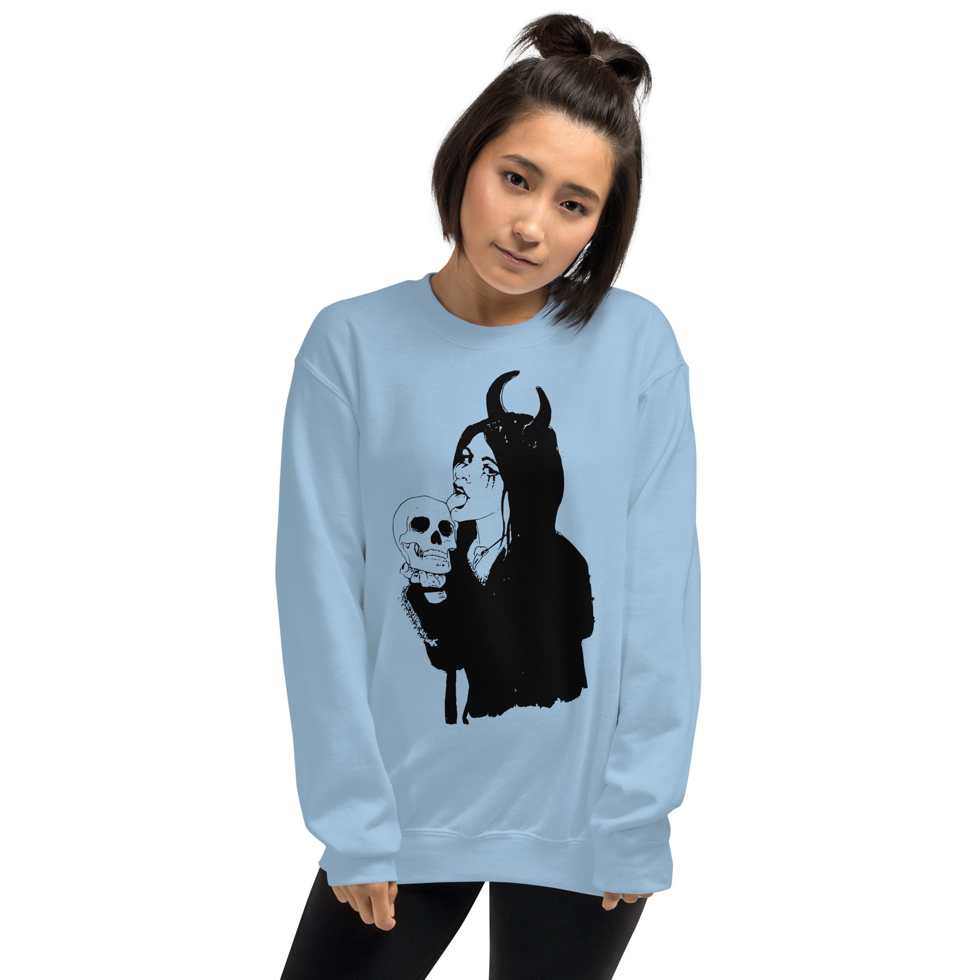 Light Blue Skull Sweatshirt Licking Woman