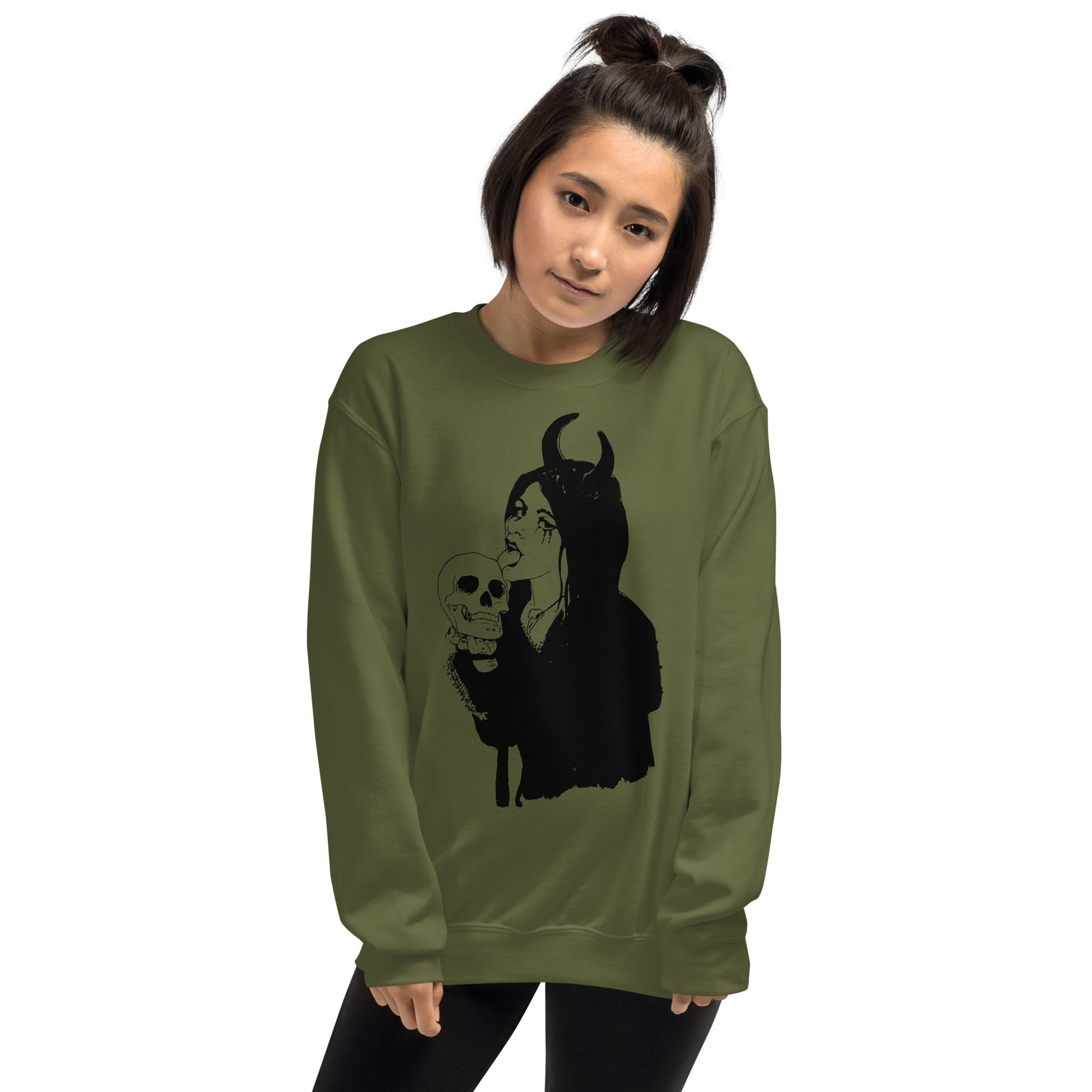 Military Green Skull Sweatshirt Licking Woman